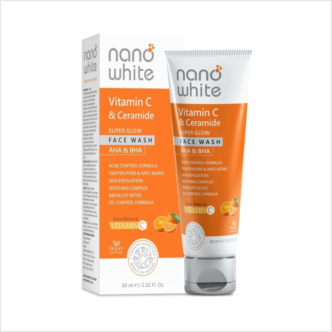 Nano White Vitamin C Face Wash, Ceramide with AHA & BHA, Super Glow, Oil Control Formula, 60 ml